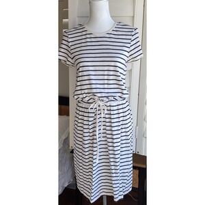 Pact Organic Women's Santa Ana Stripe Black Cream Relaxed Slub Dress S Pockets